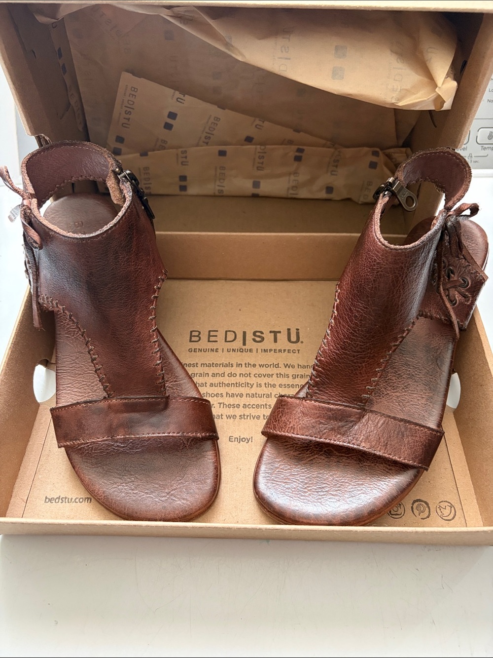 BED|STU Brown Leather Open-Front Ankle Sandals